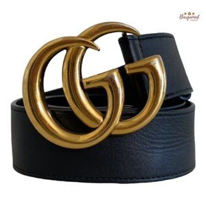 Authentic Gucci Black Smooth Calfskin Leather Gold Double G Buckle Belt 85/34